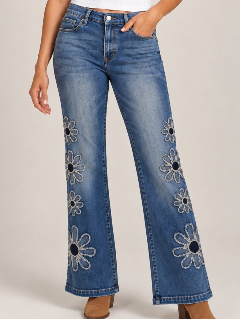 Ashley Mason Premium Raised Denim Daisy Applique Jeans Retro Boho Size 11/30